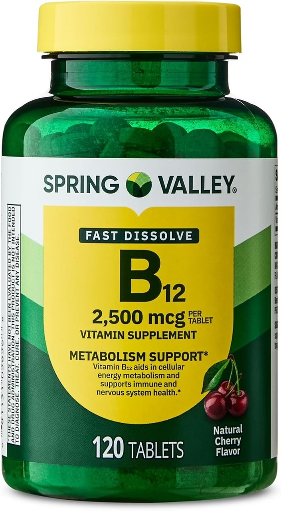 Spomladanska dolina, vitamin B12 2500 MCG, B12 Hitro raztapljanje češnjevih arom Prehranska dopolnila, Vitamin B12, 120 Število - Nov videz (Pack of 1)