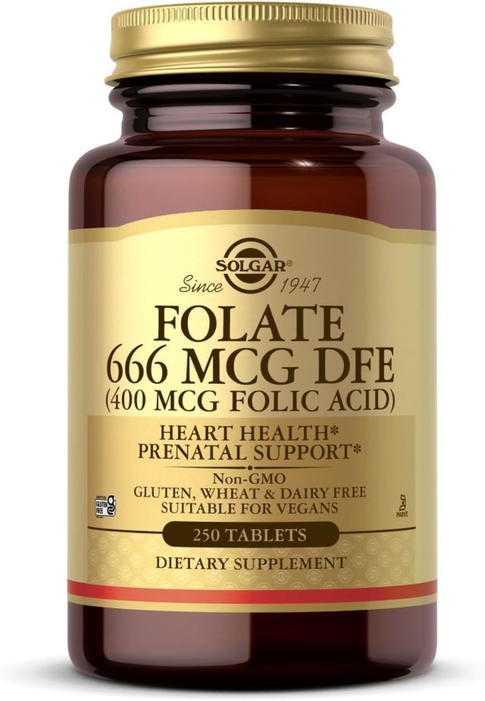 Solgar Folat 666 mcg DFE (Folna kislina 400 mcg) - 250 tablet - Predporodna podpora - Non-GMO, Vegan, Gluten Free, Dairy Free, Kosher - 250 postrežbe