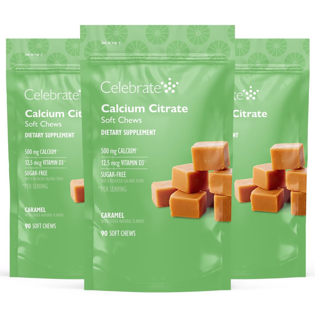 Proslavite vitamine Bariatric 500mg Kalcijev citrat Mehki žveči s 500 i.e. vitamin D3 – Bistveno za Gastric Bypass Bolniki in zdravje kosti - Sladkor & Gluten Brez sladkorja, Karamela (270 žveči)