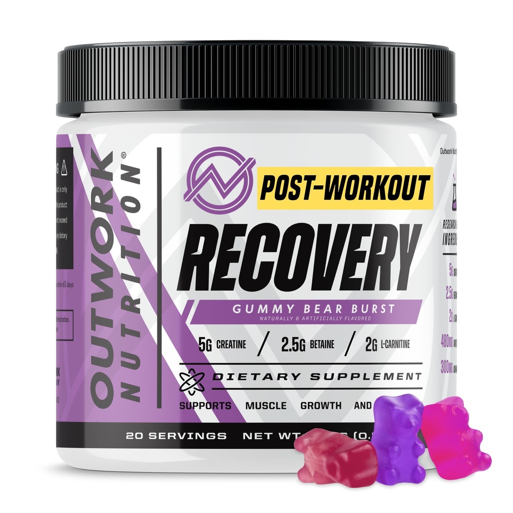 Outwork Nutrition Post Workout Recovery Powder - Kreatin Monohidrat, KSM-66 Ashwagandha & Tart Cherry - Hitrosti okrevanja, Rahla bolečina - Kreatin Powder za moške in ženske, Gummy Bear Burst, 230 Gr