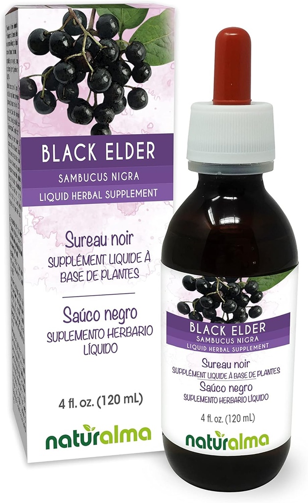 Naturalma Black Elder (Sambucus nigra) Cvet (Elderflower) in sadje (Elderberry) Tinktura brez alkohola - 4 fl oz Tekoči ekstrakt v kapljice - Zeliščni dodatek - Vegan