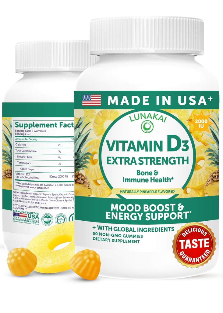 Lunakai ZDA Made Vitamin D3 Gummies 2000 i.e. - Ne-GMO, Gluten-free Vitamin D Gumies za ženske in moške - Kost, Imune & Energy Support, 60ct