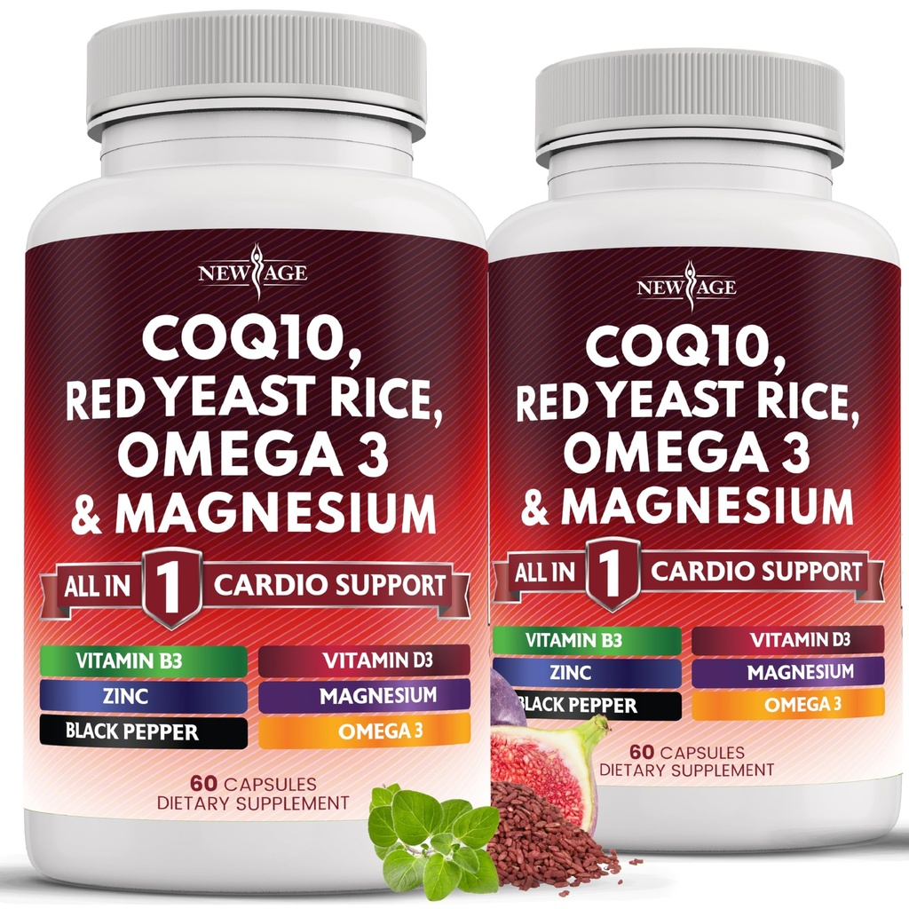 NOVA STAROST COQ10 200mg rdeči riž 3000mg omega 3-6-9 3000mg magnezijev kompleks 500mg cinkov vitamin K2 D3 - vitamini za ženske in moške z vitaminom B3, koencim Q10-120