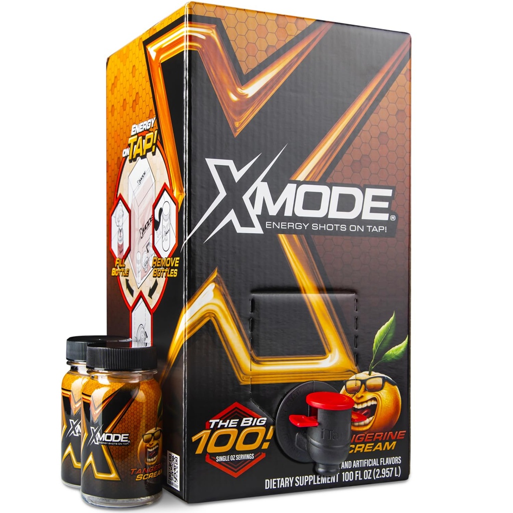 XMODE Extra Strength Energy Shots on Tangerine Flavor, Sugar Free, 150mg Kofein na oz, B12, 100 (1oz) Servisi, Dispenser z 2 polnilnih steklenic