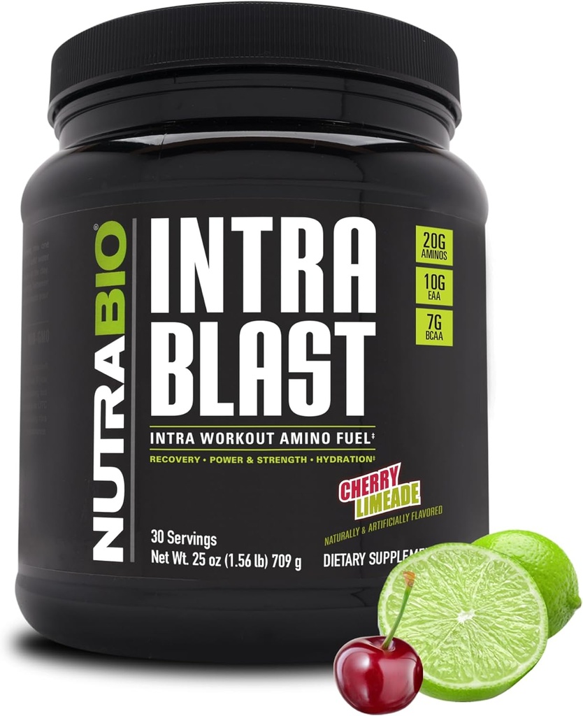 NutraBio Intra Blast Bcaa Powder Aminokisline dodatek, Elektrolit in Hidracija Mešanica, Intra, Pre Workout & Muscle Recovery, 20g Eaa Aminokisline v prahu, 5g Glutamin- Cherry Limeade, 30 Serving