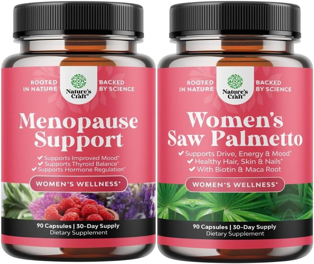 Paket Menopause dodatek za vroče Flashes z Dong Quai Vitex Chaste Berry & Black Cohosh & Extra Strength Saw Palmetto za ženske 500mg - DHT Blocker las izgubi dodatek z Maca Root & Biotin