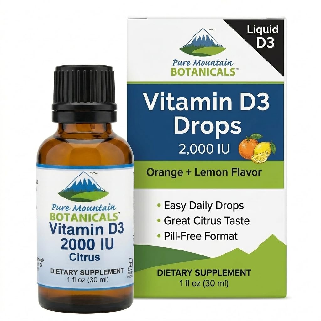 Čisti gorski botaniki Okusne kapljice vitamina D – oranžna in limonina aromatičen tekoči vitamin D3-2000iu na serviranje - 1oz steklenica