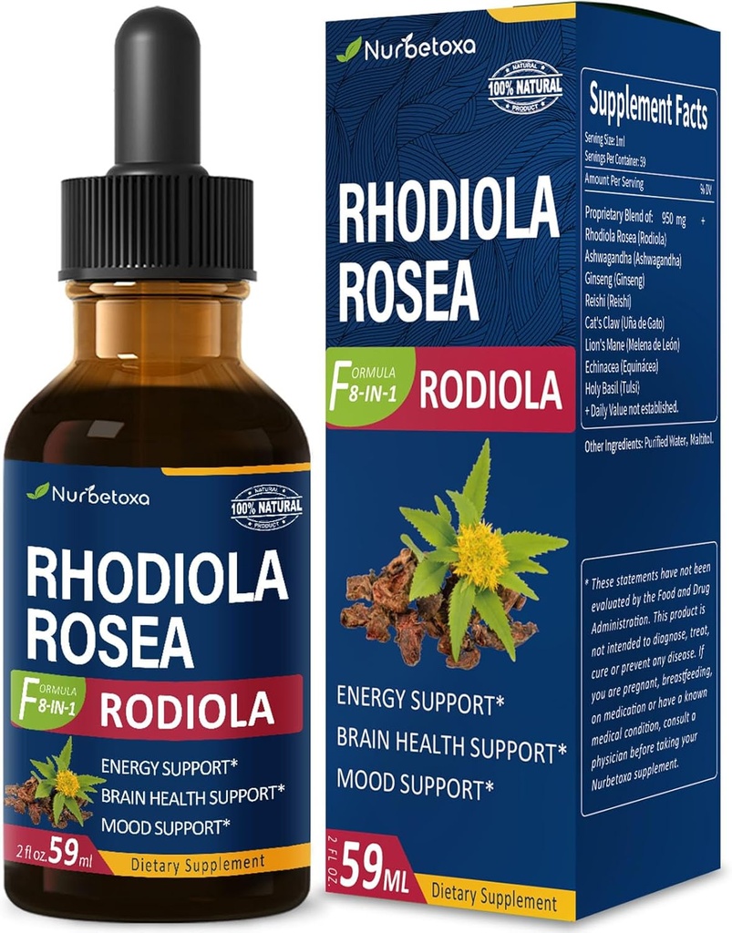 Rhodiola Rosea (Rodiola) Ekstrakt kapljice, Natural Adaptogen dodatek/W Ashwagandha, Ginseng, Sveti Basil, & Echinacea za energijo, zdravje možganov, Immunty & Mood Podpora. 2oz