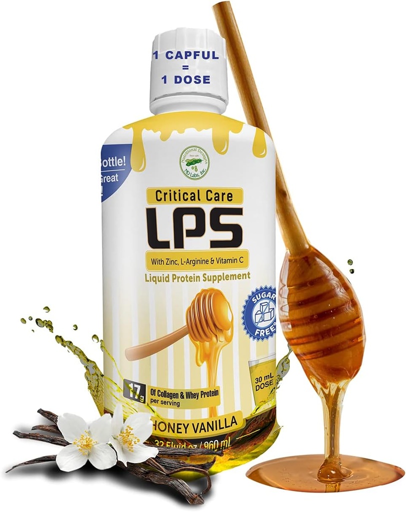 Nutritional Designs LPS Liquid Collagen & Whey Protein Supplement, Sugar-free, Non-GMO Drink, spodbuja zdravo kožo in lase za moške in ženske. (Kritična nega) Honey Vanilla