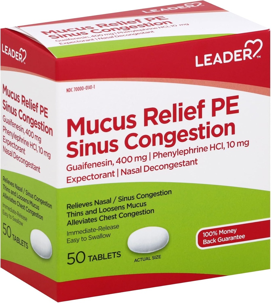 Leader Mucus Relief PE Sinus Congestion, Pričakovani; Nasal Dekongestiv, Thins in Loosens Mucus, Takojšnja sprostitev, Pomirjevala prebavnost prsnega koša, 50 tablet