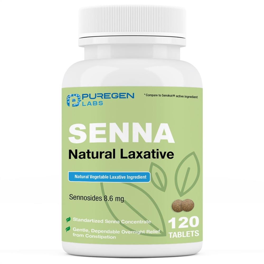 Puregen Labs Senna 8,6 mg tablete (120 število) – naravni senozidi Rastlinska odvajala za zaprtje, napenjanje, plin, nepravilnost