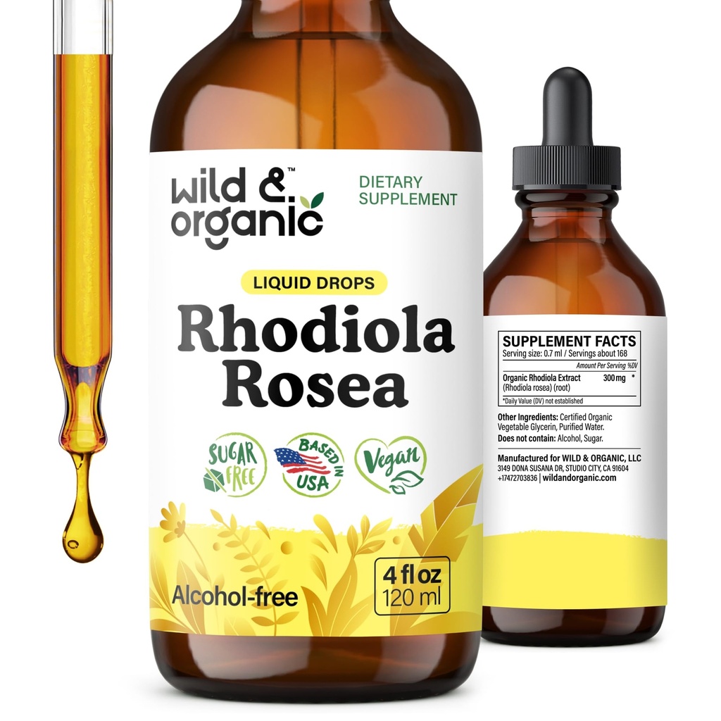 Wild & Organic Rhodiola Rosea Tinkture - Rhodiola Rosea Dodatek za podporo razpoloženju - Sprostitev korenski ekstrakt tekoče kapljice - Vegan, sladkor & alkohol-free - 4 fl oz