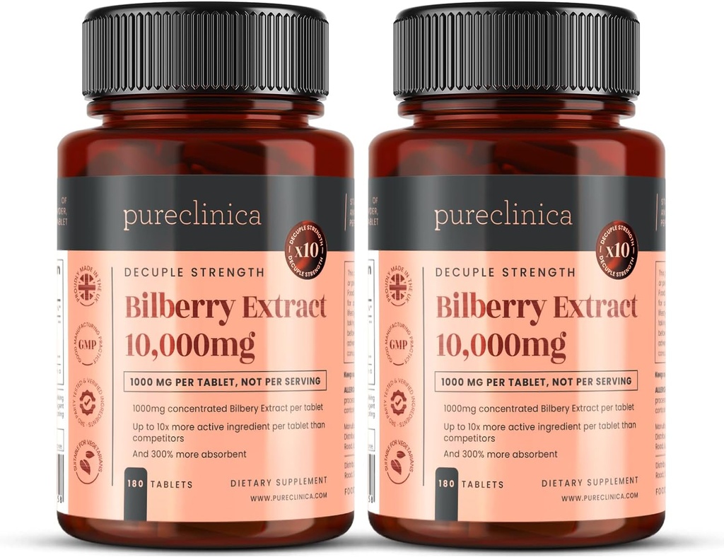Pureclinica Izvleček borovnice 10.000mg x 360 Tablete (2 steklenici) - 10 X Več Antocianidini na tableto kot večina drugih - in 5mg izvleček črnega popra za 300% povečano absorpcijo