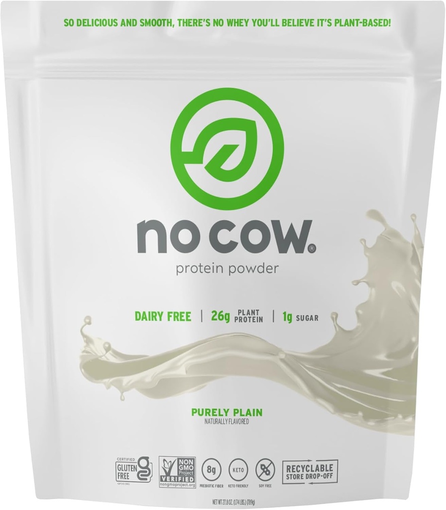 Brez beljakovin Cow Vegan v prahu, čisto navaden, 26g beljakovin na osnovi rastlin, vrečka za recikliranje, brez mleka, brez soje, brez sladkorja, Keto prijazno, Gluten brezplačno, naravno sladkan, ne GSO, Košir, 1,74 funt