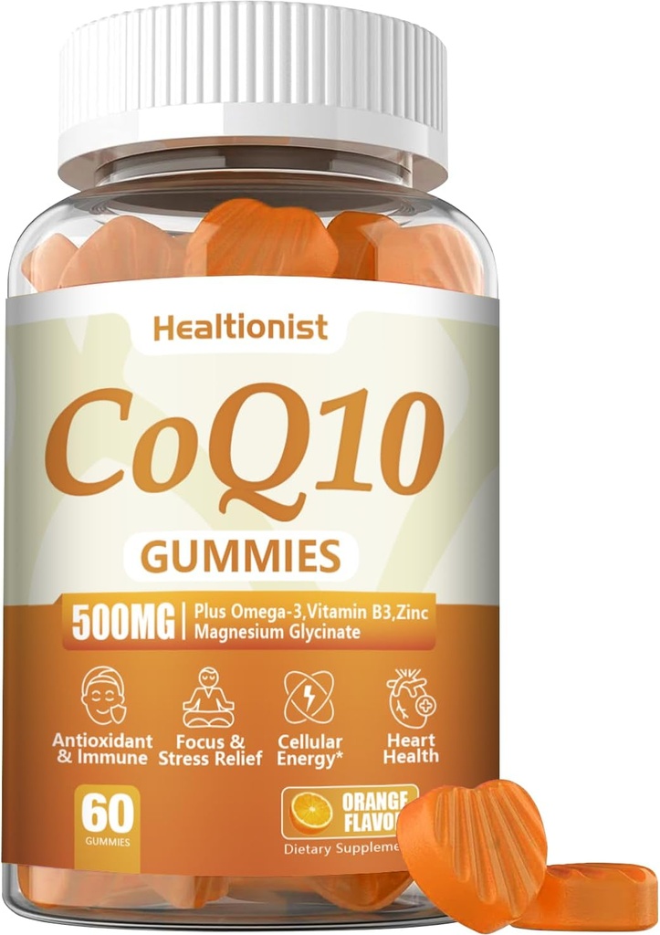 1 Pack 500MG Coq10 Gumies - 3X boljša absorpcija, Plus Omega-3, Magnezij, Vitamin B3 & cink - Koencim Q10 dopolnila za zdravje srca, celično energijo in antioksidant, Vegan, 60 števk