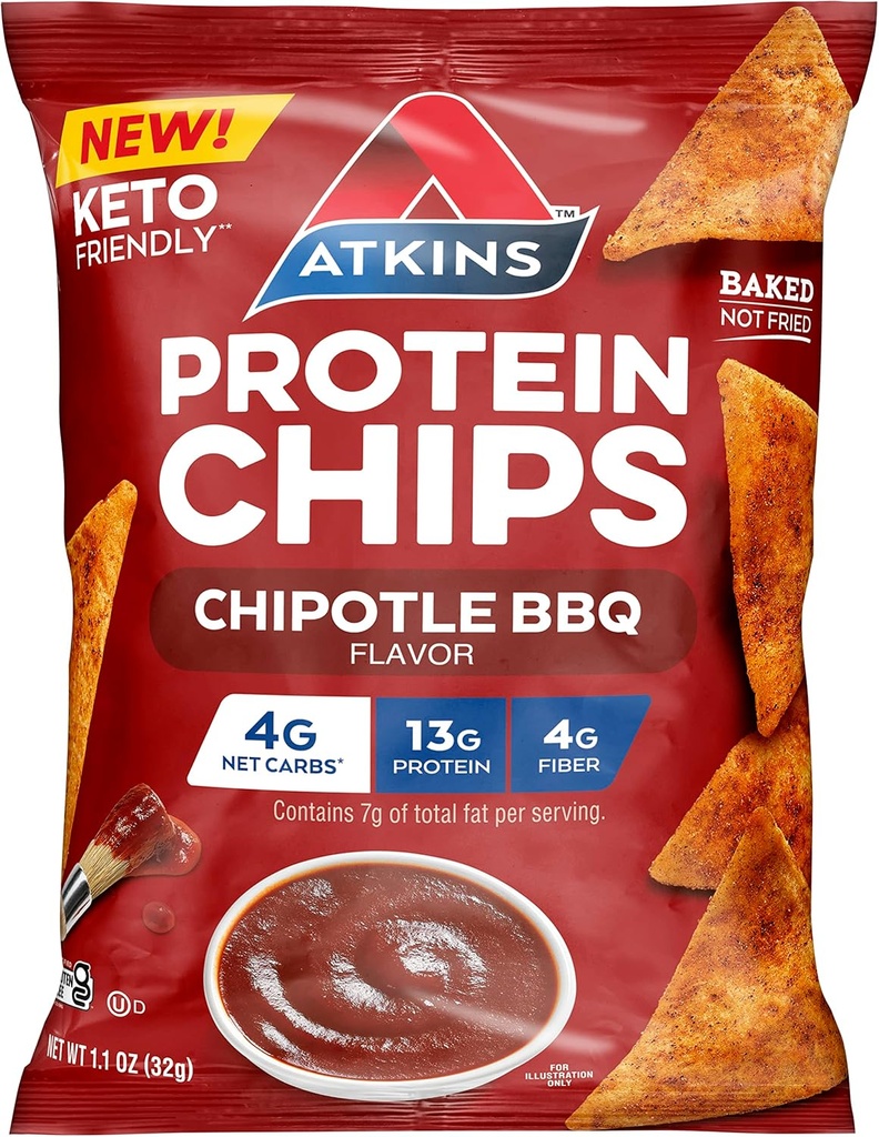 Atkins Chipotle BBQ Protein Chips, 4g neto ogljikovi hidrati, 13g proteini, brez glutena, nizko glikemični, Keto prijazno, 12 grof