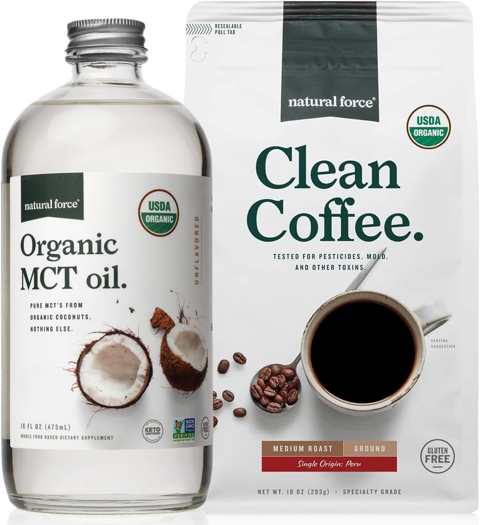 Naravna sila Ekološka čista kava + Ekološka MCT Oil Bundle – 100% čista kokosova MCTs & Mold & Mycotoksin Free Coffee – Ne-GMO, Keto, Paleo in Vegan - 10 Oz Bag in 16 Oz Steklena steklenica