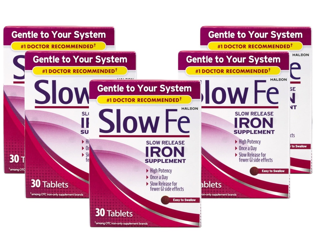 Slow Fe slow release Iron dodatek, Visoka moč, Enkrat na dan, Nežen na sistemu, 30 tablet (Pack po 5)