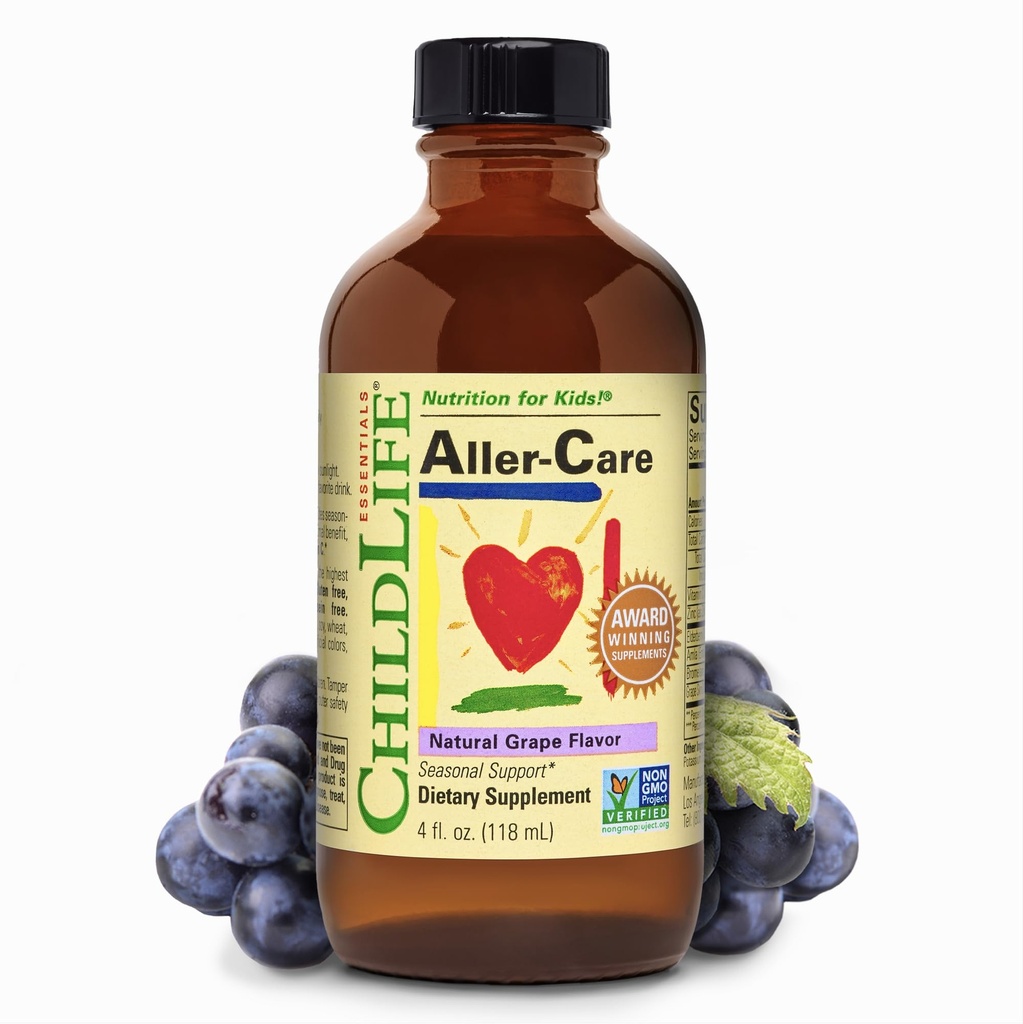 CHILDLIFE ESSENTIALS Aller-Care - Naravna pomoč v grozdju za otroke in malčke, Sezonska podpora z bezgovimi jagodami, bromeainom, vitaminom C - Imunsko povečanje Formula, 4 Fl Oz