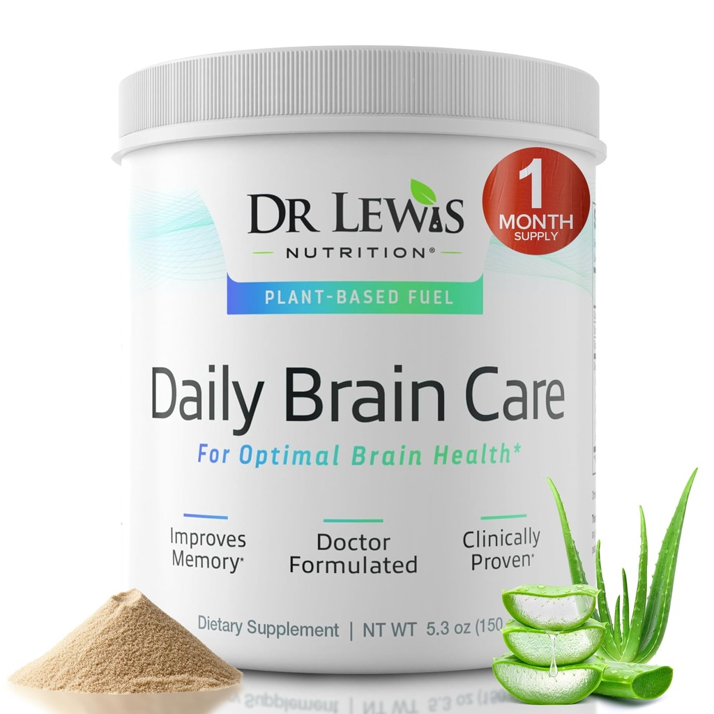 Možganski dodatki za spomin in fokus – Dr Lewis Daily Brain Care Powder z Aloe Vera – Rastlinsko-osnovni nootropični in energijski dodatek za možgane Meglica, Duševna jasnost, in imunske podpore – Powder, 150g
