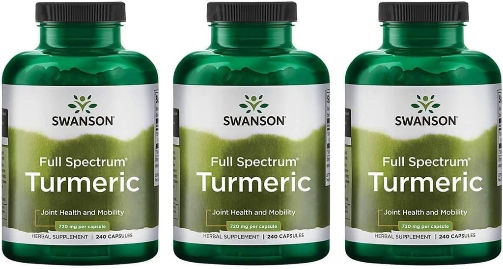 Swanson Full Spectrum Kurkuma (Curcumin) - Skupno zdravje, Prebava, Heart Health & Jetra Support - Curcuma Longa Formula Spodbujanje spomin podporo - (240 Kapsule) 3 Pack
