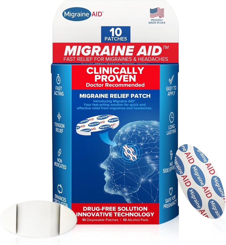 Migrene AID Migrene Relief Patches - hitro ukrepanje, Nezdravljena podpora za glavo Tension, Enostavno za uporabo glavobol obliži, varno za vsakodnevno uporabo, 10 Odstranljive Migrene obliži, Made in USA