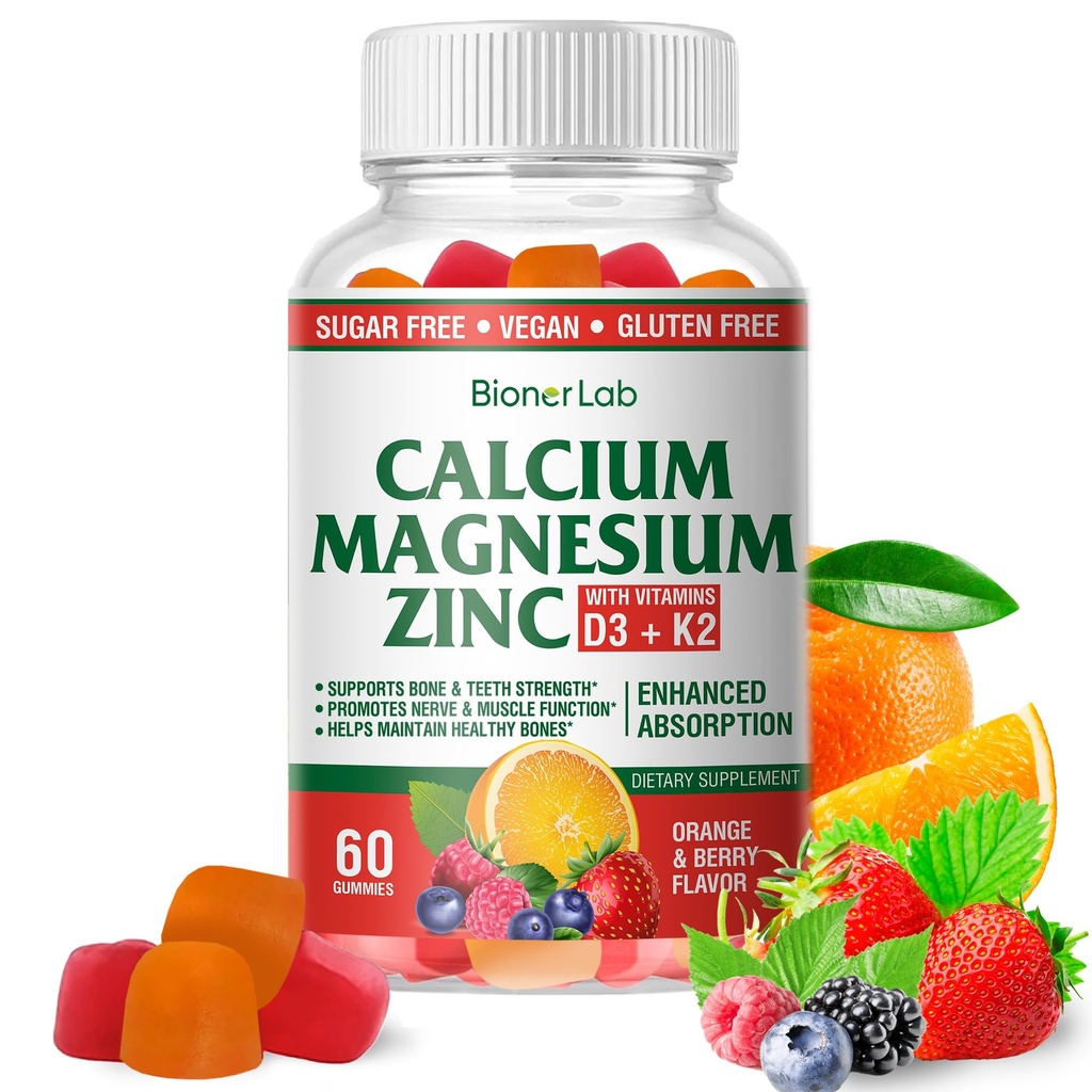 BionerLab kalcijev magnezijev cink Gumiji z vitaminom D3 & K2 - visoka moč izboljšana absorpcija - oranžna in jagodičja arome