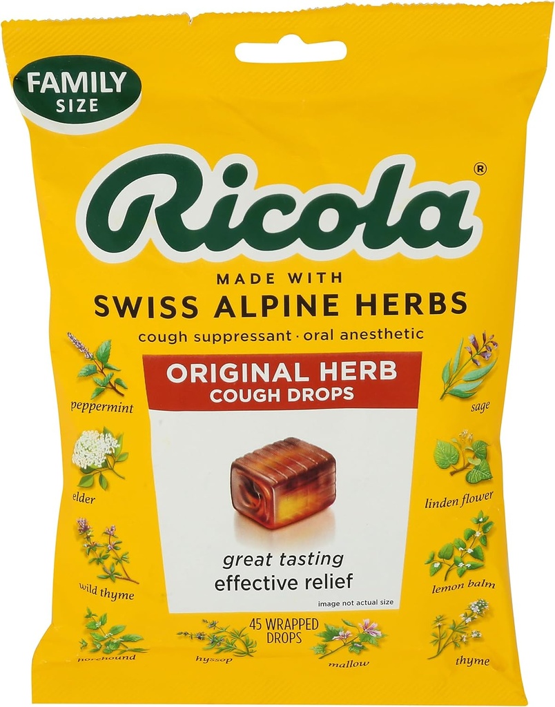 Ricola Original Herb Kašelj kapljice, 45 grof, Cough Supressant & Treat Releading kapljice z naravno izvorno Mentol, Prijeten zeliščni okus za kašelj in grlo draženje Symptom Relief