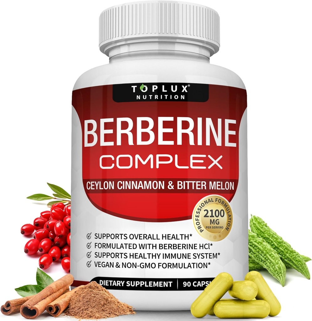 Toplux Berberine s Cinnamon in Bitter Melon 2100mg - visoka čistost 97% HCL Berberine dodatek, podpira splošno zdravje in imunski sistem, Ne- GMO Vegan 90 kapsul