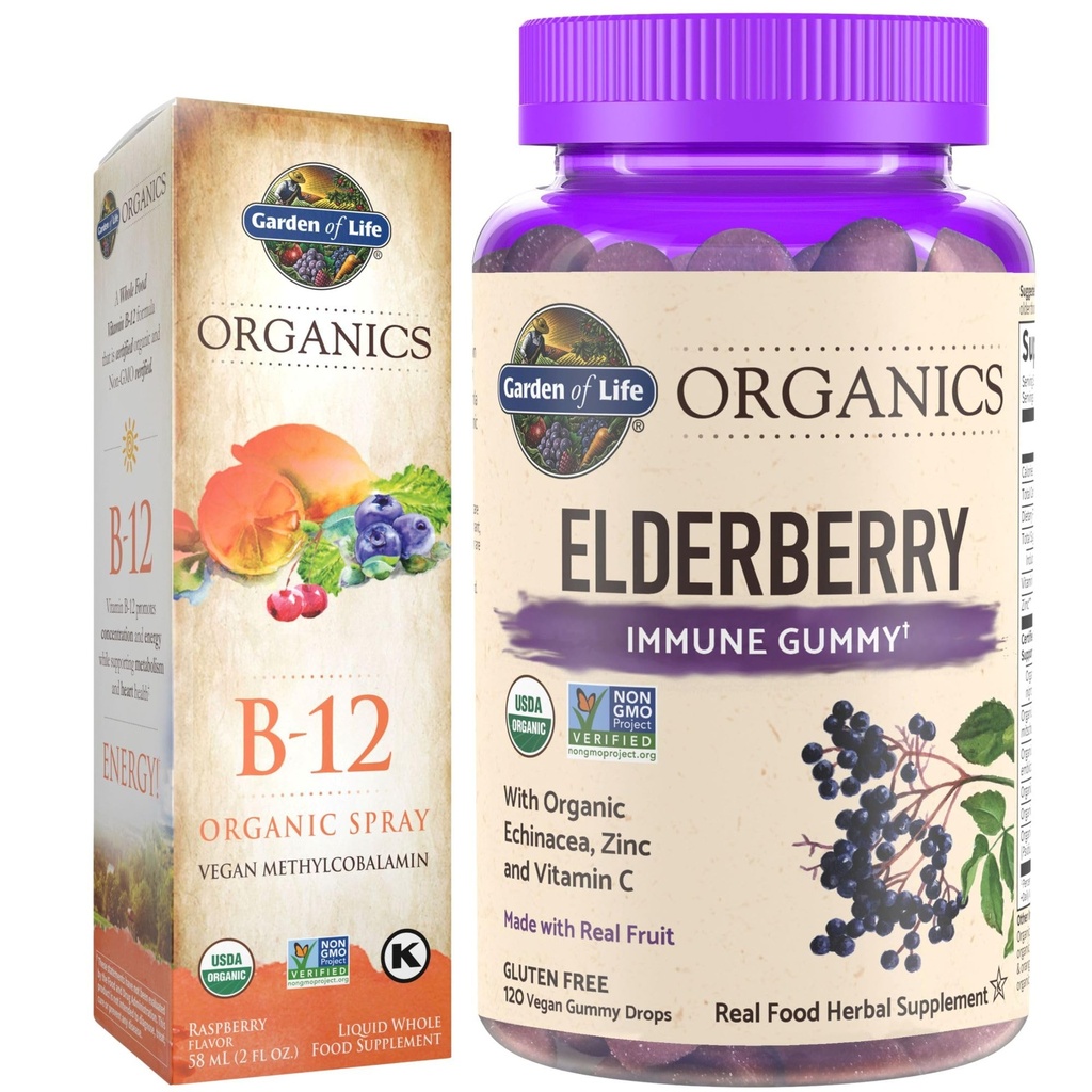 Vrt življenja Organics Elderberry Imune Gumies, 120 Count & B12 Vitamin Raspberry Spray, 500mcg, 2oz