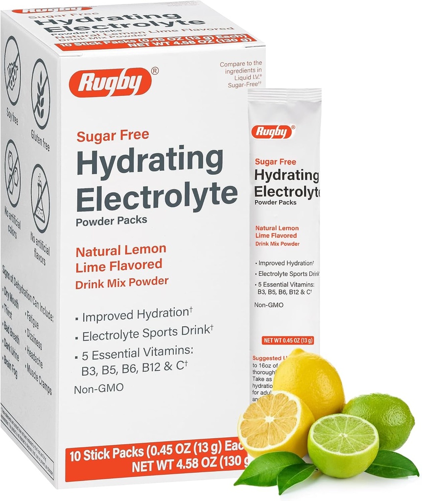 Rugby brez sladkorja Hidrating Elektrolitski prašk - pijača Mix Powder Packets s 5 vitamini - izboljšana hidracija - naravna limonska limonina aroma - 10 pack Packs - 0,45 Oz vsak (1 pakiranje)