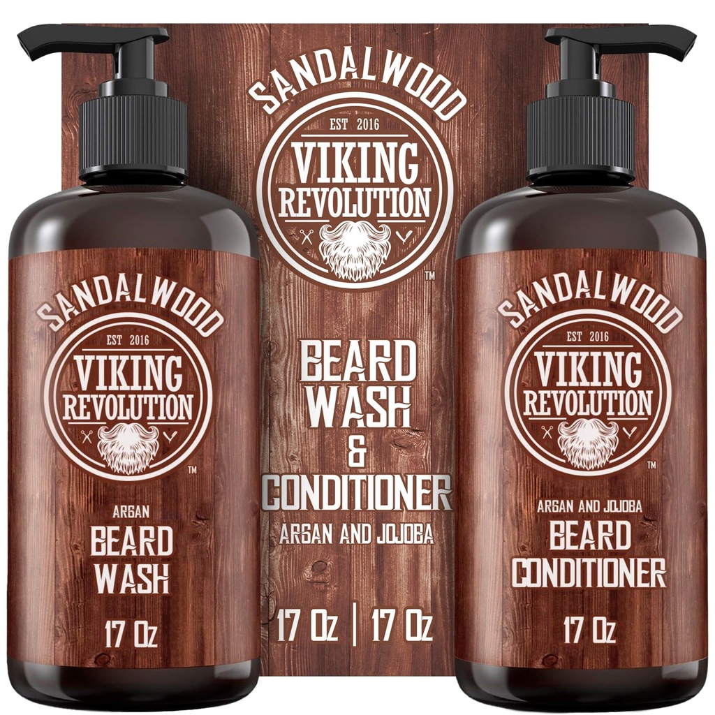 Viking Revolution Beard Wash & Beard Conditioner Garnitura z argan & Jojoba Oils - Mehkužci in krepi - Naravni sandalwood Scent - Beard Shampoo z Beard Oil (17 oz)