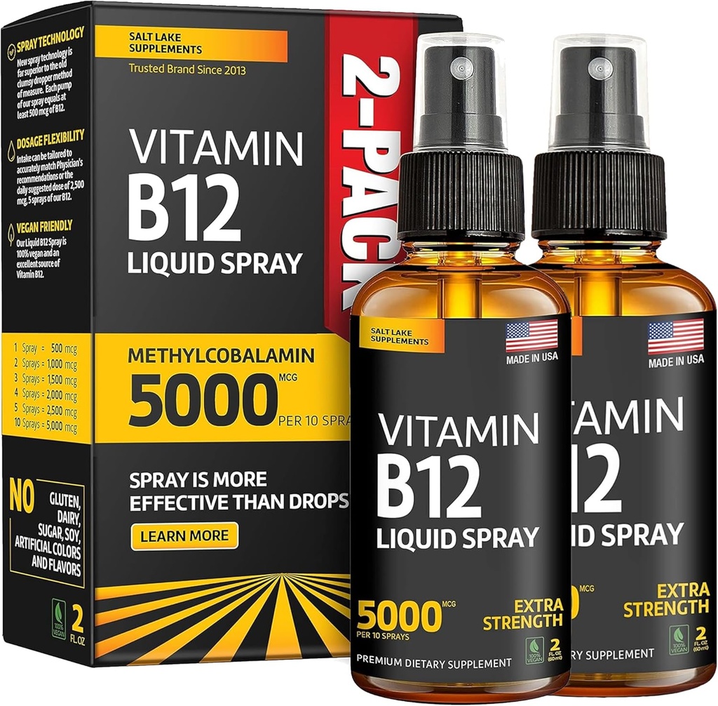 (2 paketa) - tekoči B12 pršilo 5000 μg - vitamin B12 podjezično - veganski B12 vitaminski pršilo - metilkobalamin vitamin B12 tekoči pospeševalci energije in razpoloženja - gluten-free in ne-GMO