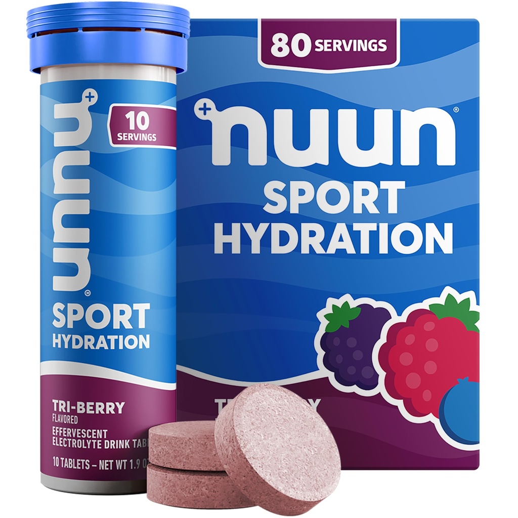 Nuun Sport Elektrolitske tablete z magnezijem, kalcijom, kalijem, kloridom in natrijem, brez glutena in veganom, tri jagode, 8 pakiranj (80 skupaj)