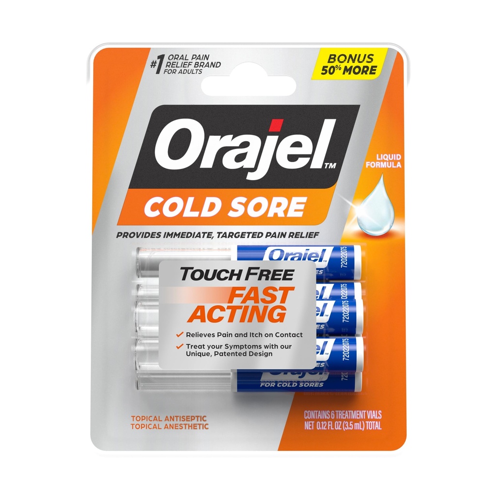 Orajel Touch Free Col Sore Treatment .12oz, Liquid Formula, Zagotavlja takojšnjo in ciljno lajšanje bolečine, Bonus velikosti, 6 Aplikatorji.