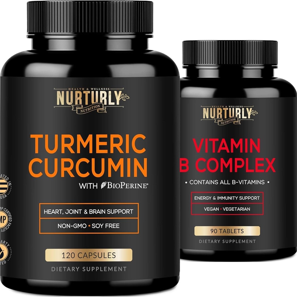 Vitamin B kompleks in kurkumin - vsebuje vse Essential B vitamini - B1, B2, B3, B5, B6, B7, B9, B12 in Biotin - visoka absorpcija Kurkumije dopolnila 1300mg za skupno, Hearth zdravje
