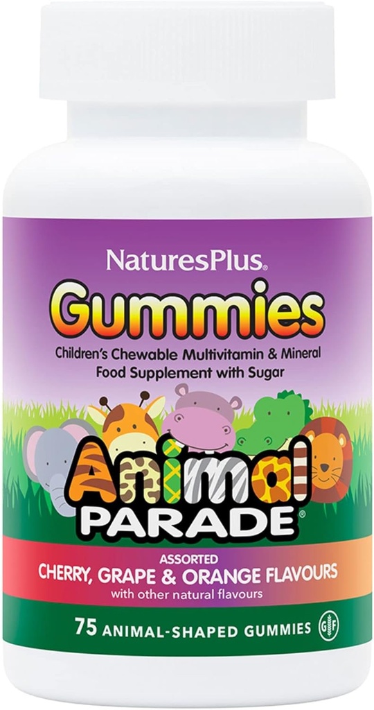 NaravaPlus živalski parade Vir življenja Gumiji - Natural Orange, Grozdje in češnjeva arome - 75 živalske oblike Gumiji - Cela hrana Kid's multivitamin - Gluten-free - 37 Služabniki
