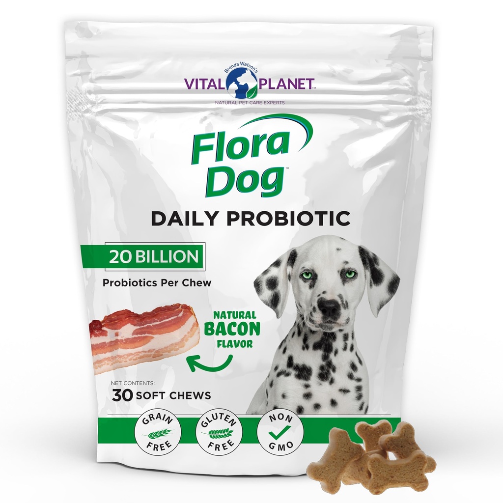 Vital Planet - Flora Dog Probiotics, Dog Chews dodatek z 20 milijardami kultur in 11 sevi, Imunska in prebavna podpora Žvečljivi probiotiki za pse, 30 Naravne slanine z okusom mehkih žvečil