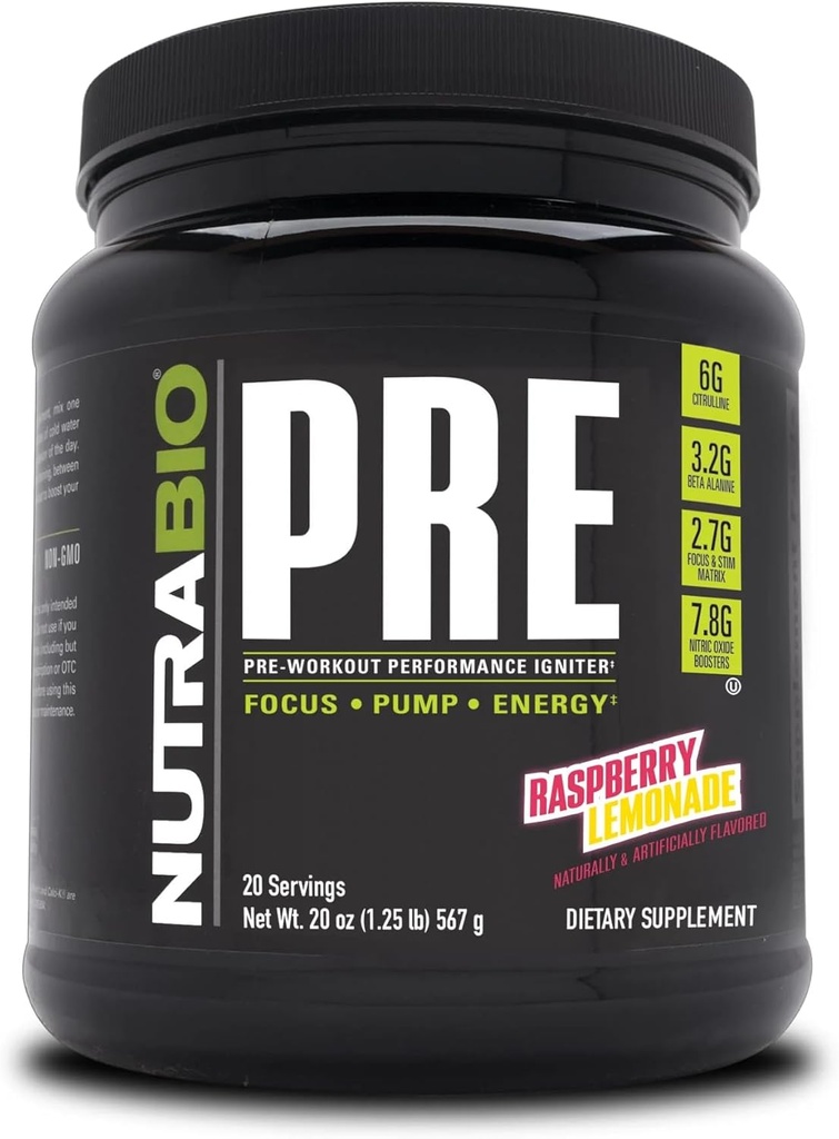 NutraBio PRE Workout Powder - stara Formula- Trajna energija, Duševno fokus, vzdržljivost - Beta Alanine, Kreatin, kofein, Elektroliti - 20 Serving - Malina limonada
