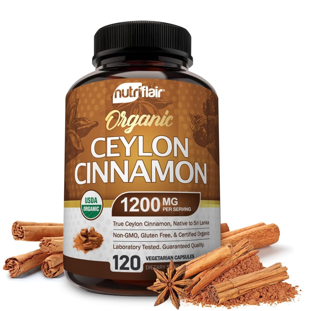 NutriFlair Organic Ceylon Cimet Dodatek 1200mg, 120 Kapsule - USDA Certified - ne-GMO, Gluten brez prahu, antioksidant tablete