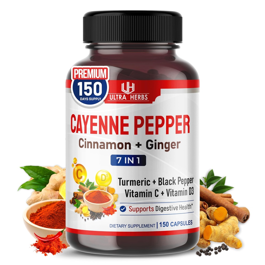 Cayenne Pepper 7 v 1 - - - z ingver, kurkuma, cimet, črna paprika - spodbuja digestiv sistem funkcijo (150-dnevno oskrbo (Pack of 1))