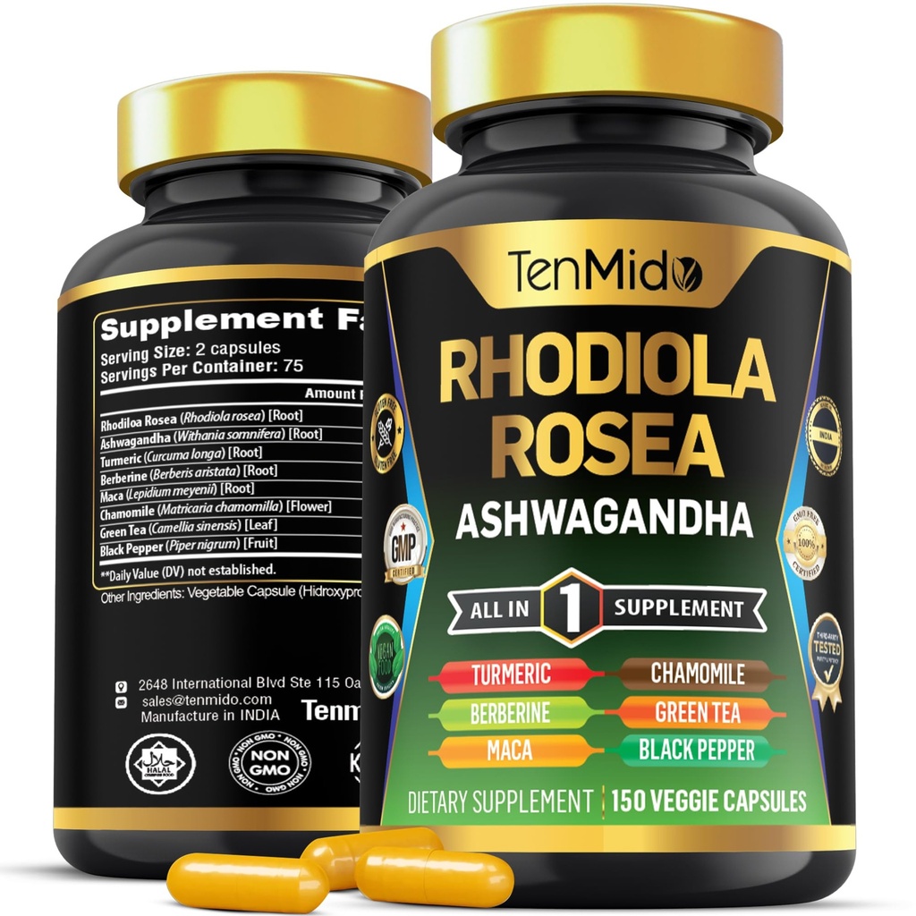 Rodiola Rosea dodatek - 8 v1 Formula - Združite z Ashwagandha, Kurkurji, Berberine, Maca, Kamilica, Zeleni čaj in Črni Pepper - Hranilo Bogata - 150 Veganske kapsule