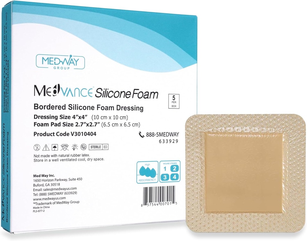 MedVance TM Silikon - obrobljeno silikonsko lepilo za peno velikosti 4"x4" (2.7"x2,7" pad), škatla s 5 povoji