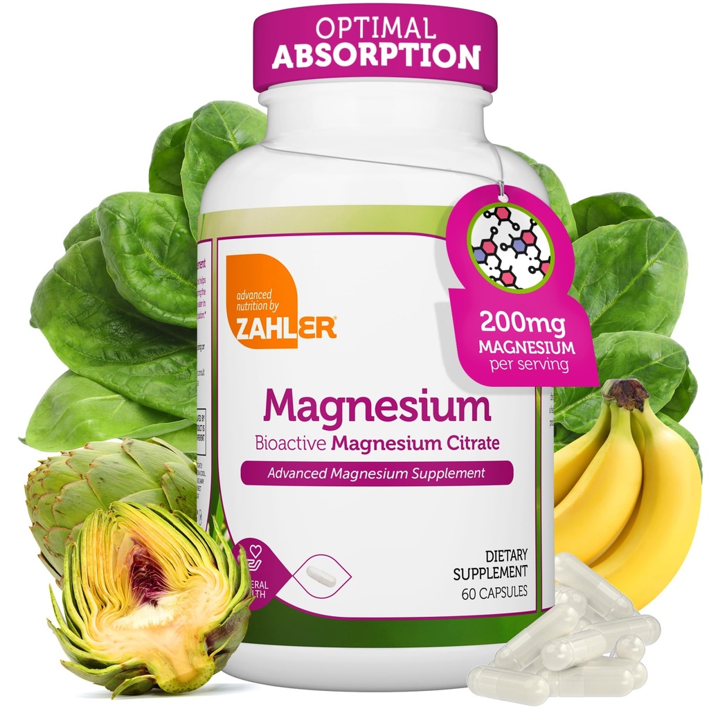 Zahler - Magnezij dopolnilne kapsule 200 mg (60 Count) Certified Kosher Bioactive Magnezijev Citrat za Max Absorpcija - Naravni magnezijev mineral za moške in ženske - Najboljši magnezijevi dodatki