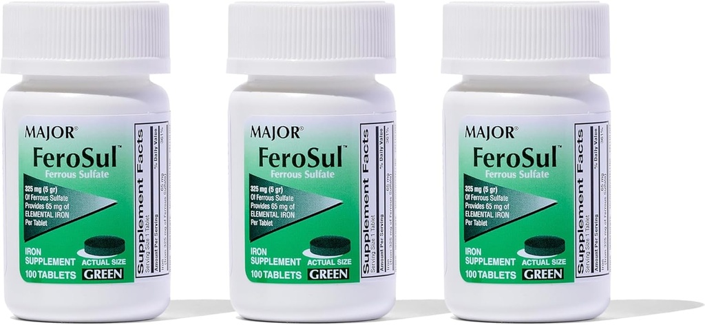 Major Ferosul - železov sulfat 325mg tablete s 65 mg elementarnega železa - železov dodatek za ženske, moški - zelena - 100 tablet (3 paket)