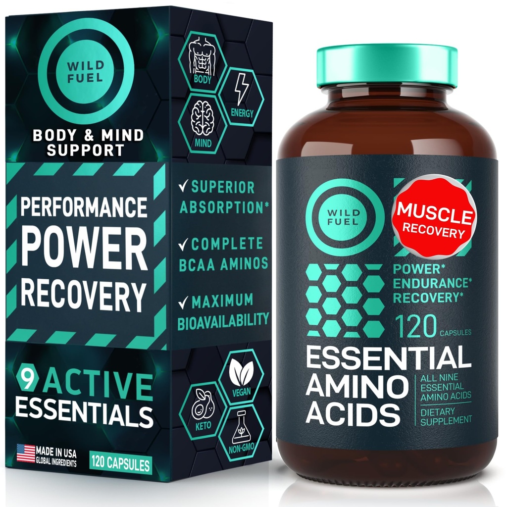 Dodatek esencialnih aminokislin - vseh 9 EAA z BCAA aminokislinami (levcin, lizin, valin, treonin) - 3.000mg na serviranje - rast mišic, moč, okrevanje - 120 Veganov, Kapsule brez kofeina