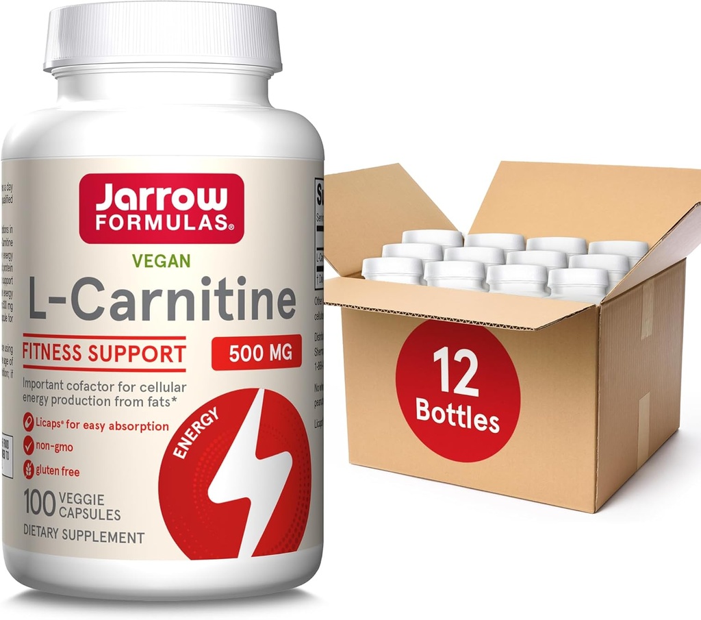 Jarrow Formule L-Carnitine 500 mg - 100 Veggie Licaps - pomemben kofaktor za proizvodnjo energije (ATP) iz maščob - prehranska dopolnila - Vegan - do 100 Serving, Pack po 12