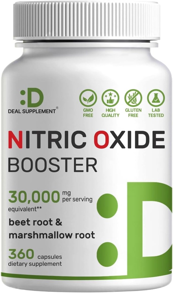 DEAL DOPOLNILO Dušikov oksid Booster 30.000mg ekvivalentno, 360 kapsule – naravna pesa koren & marshmallow korenska mešanica – spodbuja hranilni pretok mišic in srca – ne-GMO