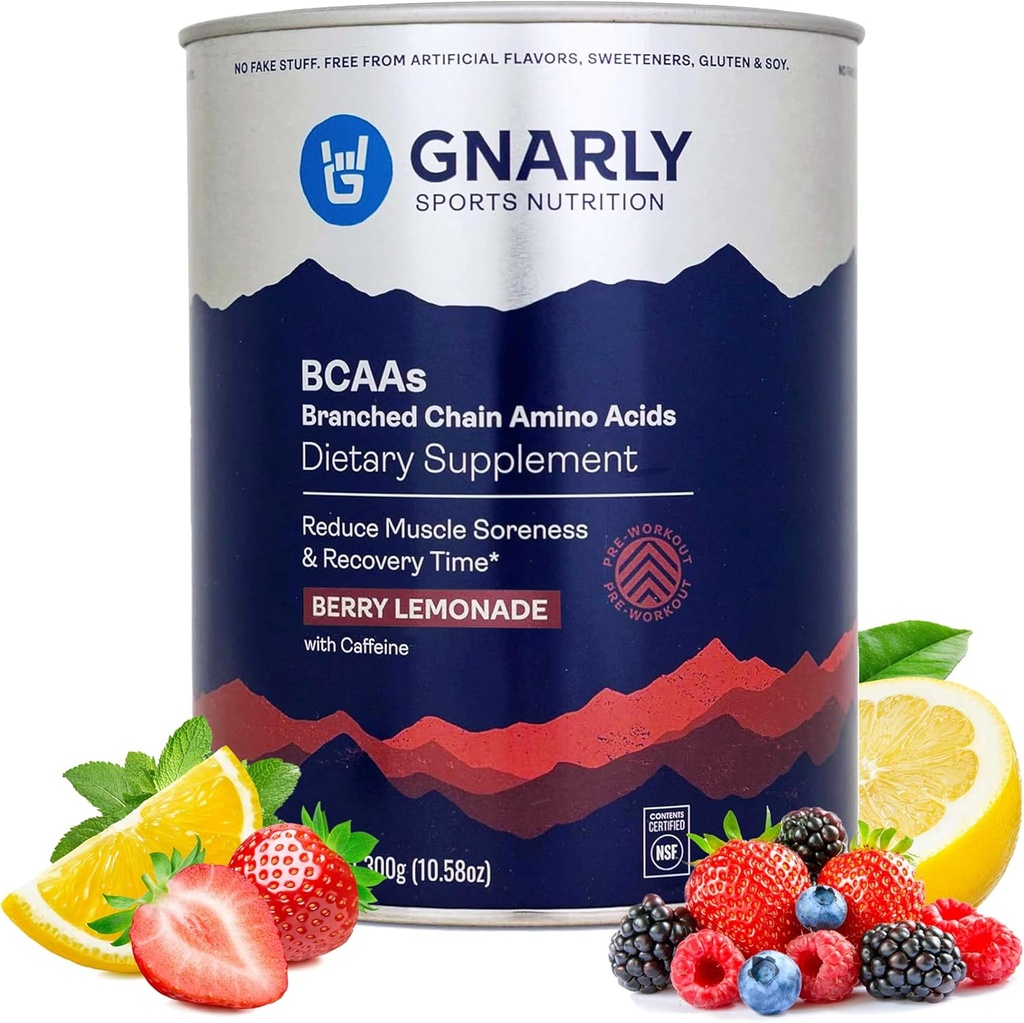 Gnarly Nutrition BCAA Powder, Berry Lemonade – Pre-Workout BCAAS Aminokisline – NSF Sport Certified – Dopolnilo k podpori in obnovi mišic – Berry Lemonade s kofeinom, 10.58 oz