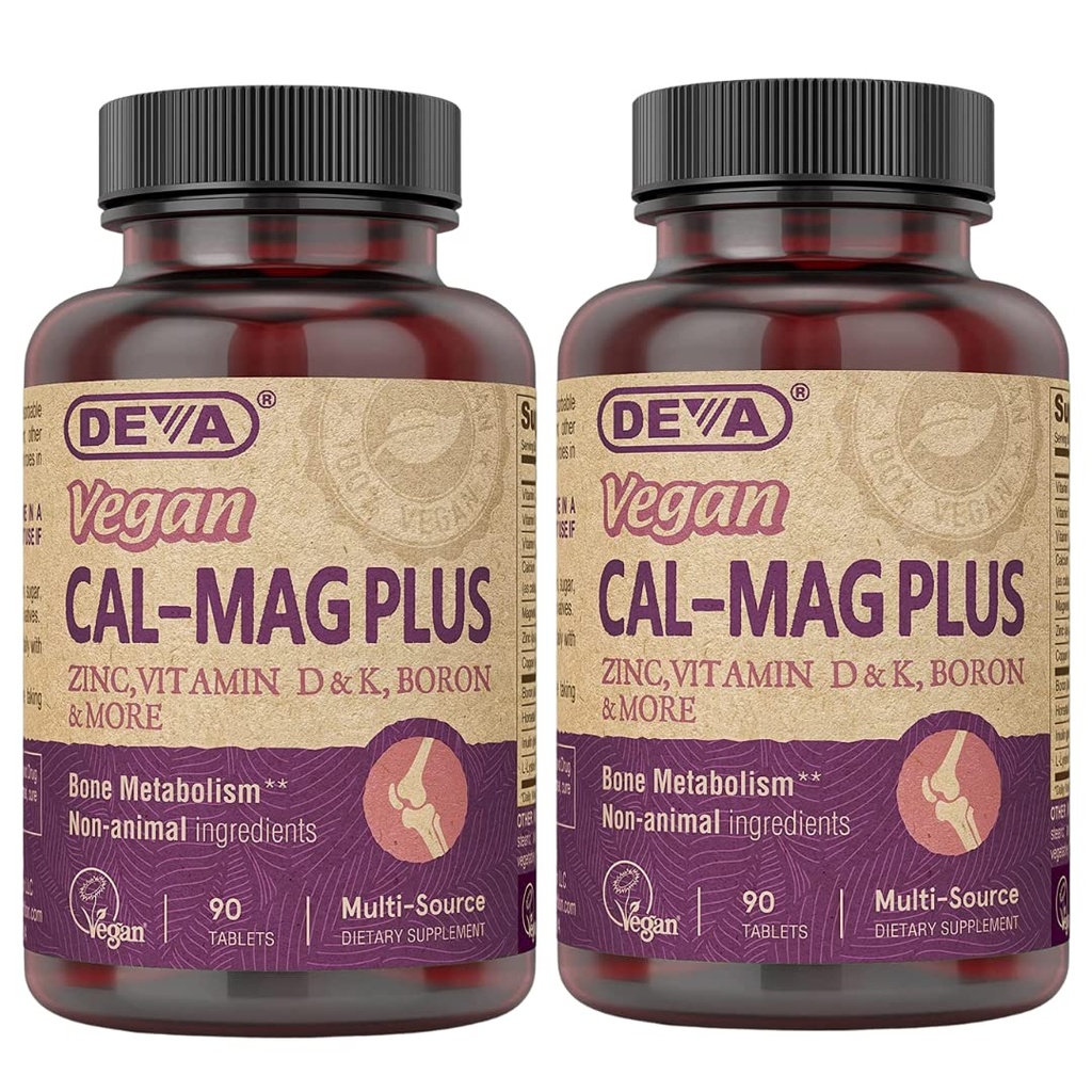 DEVA Vegan Kalcij Magnezij Dodatek 2-Pack, Plus cink, Vitamini C, D & K, Boron, 90 Tablete vsak